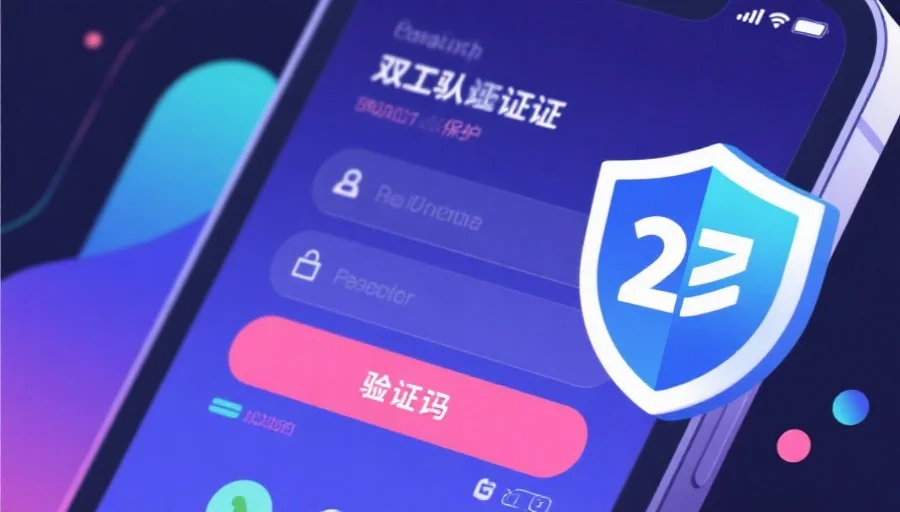 抽象风格的手机屏幕显示着验证码输入界面,旁边有安全盾牌图标,象征双重认证保护